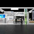 Modern Exhibition Booth Design Featuring Glass Walls Lighting And Visitors Around Display Area