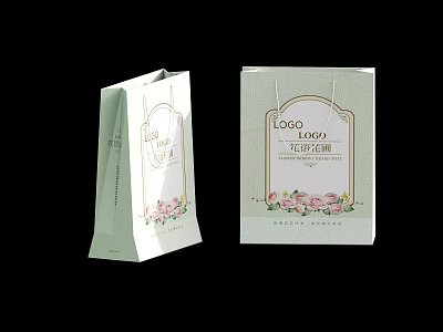 Light Green Gift Bag With Pink Floral Pattern Decorative Border And Logo Design 3d model