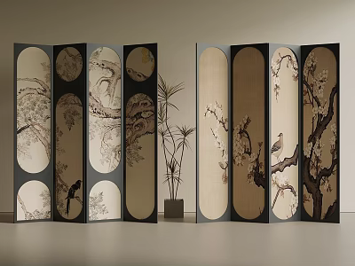 Traditional Room Divider Interior With Floral Landscape Patterns And Bamboo Plant 3d model