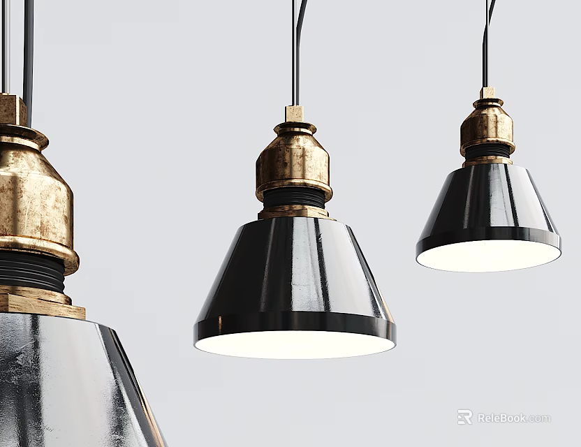 Modern Black And Brass Pendant Lights With Gold Accents And Cone Shaped Shades 3d model 