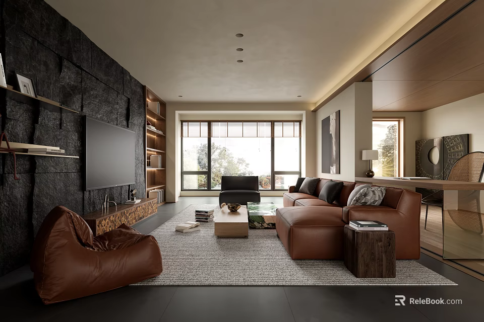 Bright Modern Living Room With Brown Leather Sofas And Natural Stone TV Wall Large Window 3d model 