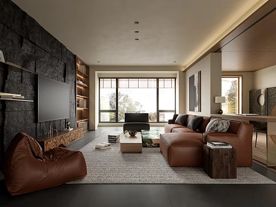 Bright Modern Living Room With Brown Leather Sofas And Natural Stone TV Wall Large Window 3d model
