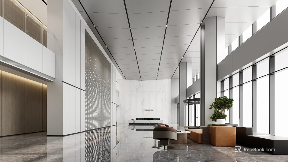 Modern Reception Area Interior Design With Marble Walls Large Windows Sofa And Polished Floors 3d model 
