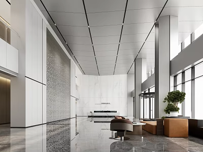 Modern Reception Area Interior Design With Marble Walls Large Windows Sofa And Polished Floors 3d model