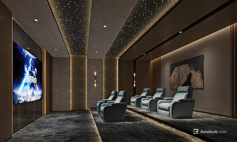 Elegant Home Theater Interior Design With Starry Ceiling Recliner Seats And Decorative Painting 3d model 