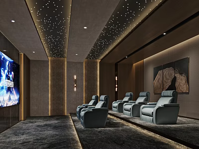 Elegant Home Theater Interior Design With Starry Ceiling Recliner Seats And Decorative Painting 3d model