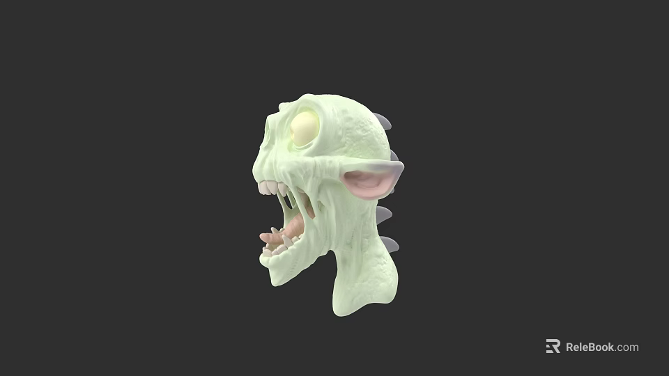 3D Model Green Monster Head With Large Eyes Sharp Teeth Pointed Ears And Black Background 3d model 