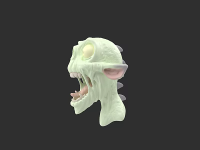 3D Model Green Monster Head With Large Eyes Sharp Teeth Pointed Ears And Black Background 3d model