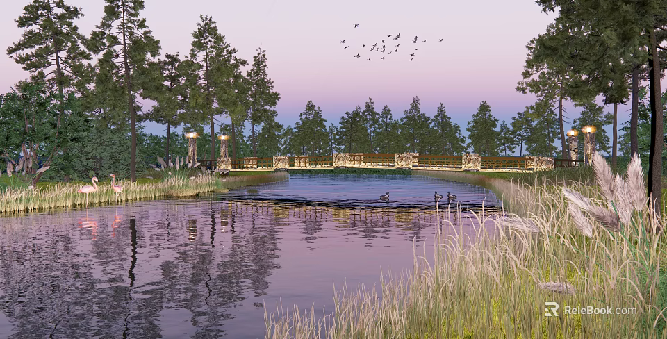 Beautiful Landscape Bridge Over Pond With Trees Sunset Reflections And Birds 3d model 