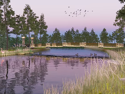 Beautiful Landscape Bridge Over Pond With Trees Sunset Reflections And Birds 3d model