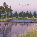 Beautiful Landscape Bridge Over Pond With Trees Sunset Reflections And Birds 3d model