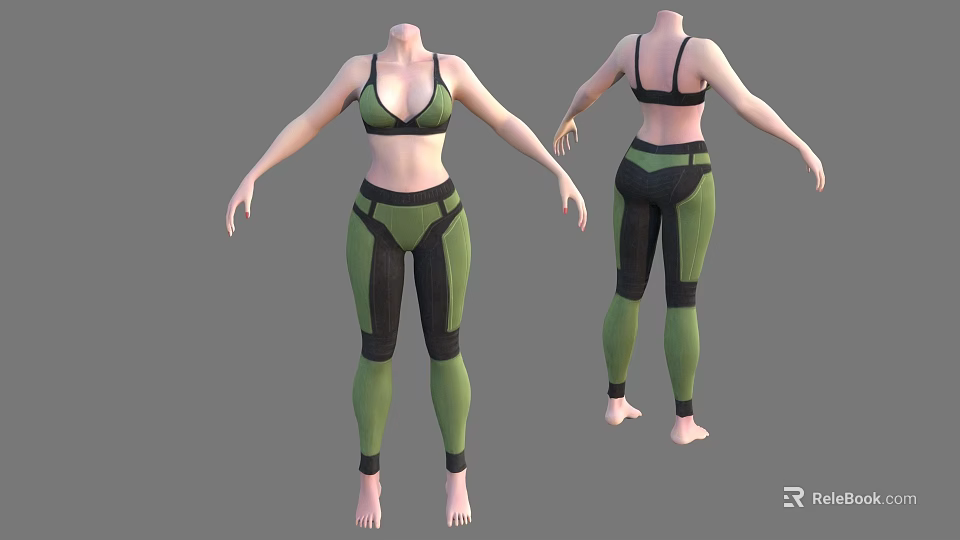 Green And Black Activewear Set With Sports Bra And Color Block Leggings 3d model