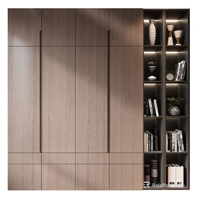 Modern Wooden Decorative Cabinet With Open Shelves Books Decor Vases And Clock 3d model 
