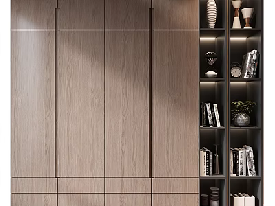 Modern Wooden Decorative Cabinet With Open Shelves Books Decor Vases And Clock 3d model