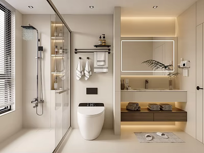 Modern Bathroom Interior Design Featuring Glass Shower Enclosure Smart Toilet Vanity Mirror And Towel Rack 3d model