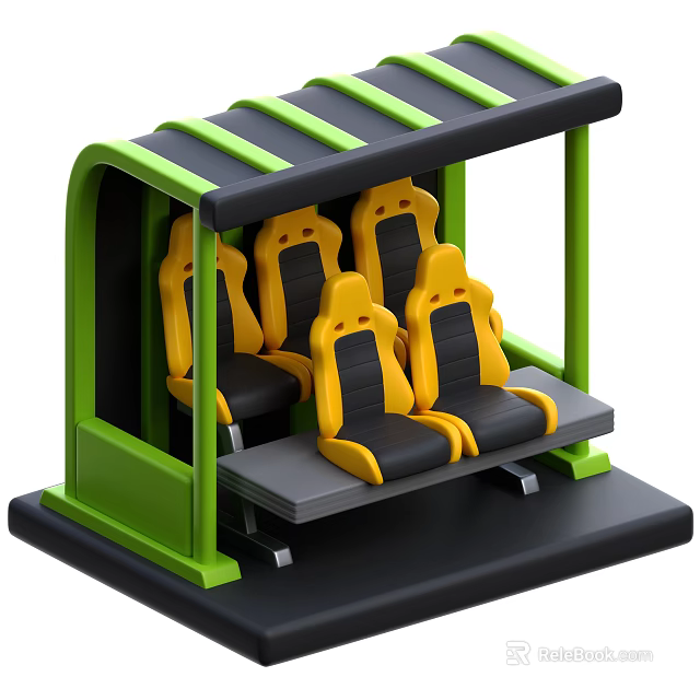 Decorative Ornament Set with Green Striped Awning Yellow Seats Black Backrests and Gray Platform 3d model 