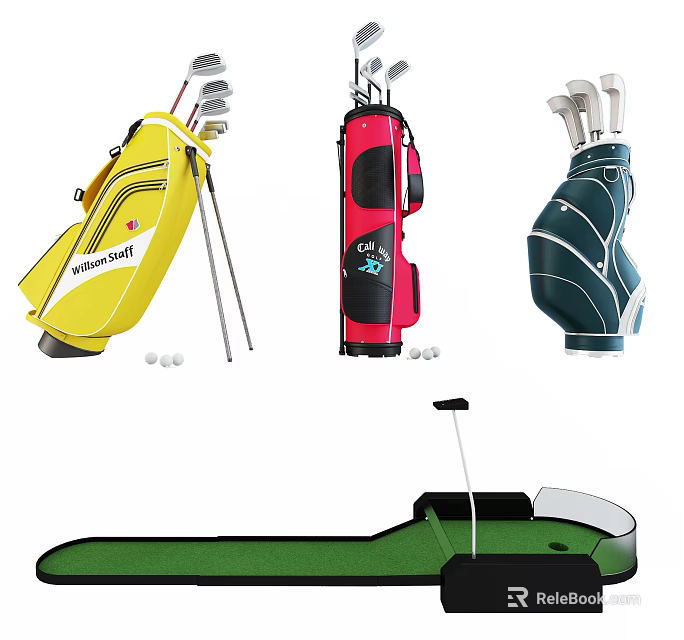 Sports Equipment Featuring Colorful Golf Bags Clubs Balls And Putting Green 3d model 