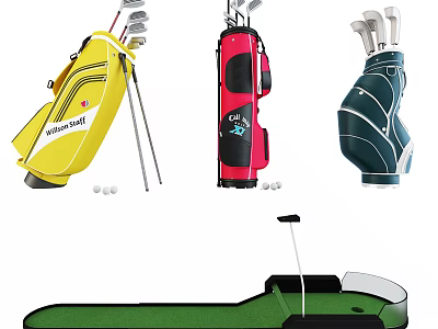 Sports Equipment Featuring Colorful Golf Bags Clubs Balls And Putting Green 3d model