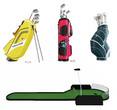 Sports Equipment Featuring Colorful Golf Bags Clubs Balls And Putting Green 3d model