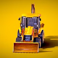 Yellow Backhoe Loader Construction Vehicle With Front Loader Bucket And Rear Excavator Arm