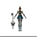 Red Haired Female Warrior Character In Blue White Uniform With Magical Winged Creature And Staff