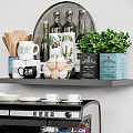 Kitchen Shelf with Wooden Utensils Mugs Wine Bottles Eggs Green Plant Colorful Skull Coffee Machine