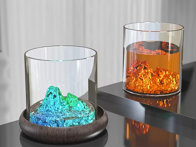Creative Beverages in Glass Cups with Blue Green and Orange Decorative Elements on Wooden Base 3d model