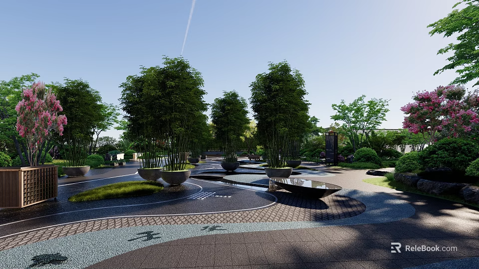Modern Garden Landscape Design With Tall Trees Bamboo Circular Water Features And Paved Walkways 3d model 