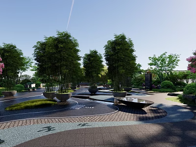 Modern Garden Landscape Design With Tall Trees Bamboo Circular Water Features And Paved Walkways 3d model
