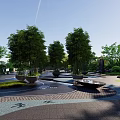 Modern Garden Landscape Design With Tall Trees Bamboo Circular Water Features And Paved Walkways