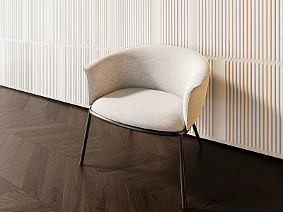 Modern Beige Upholstered Accent Chair With Metal Legs Against Textured Wall And Herringbone Floor 3d model