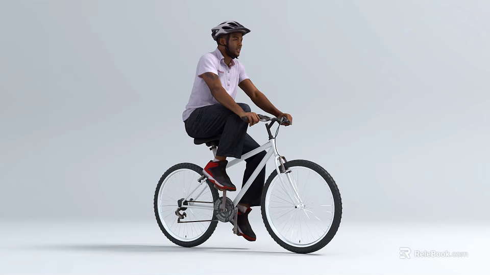 Man Riding White Bicycle Wearing Helmet Pink Shirt Black Pants And Red Shoes 3d model 