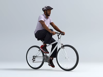 Man Riding White Bicycle Wearing Helmet Pink Shirt Black Pants And Red Shoes 3d model
