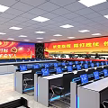 Military Monitoring Room Featuring Neatly Arranged Control Consoles Blue Screens and Strategic Wall Banners