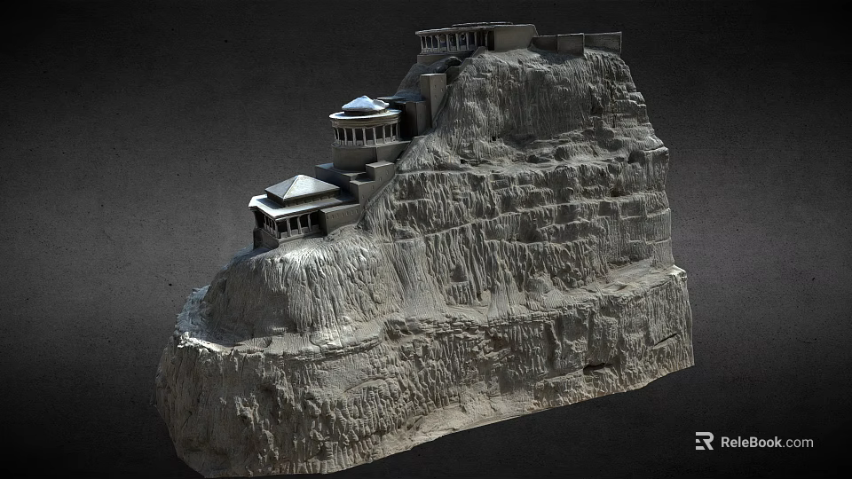Ancient Buildings Constructed Along Layered Mountain Cliff With Traditional Architecture 3d model 