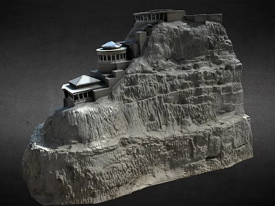 Ancient Buildings Constructed Along Layered Mountain Cliff With Traditional Architecture 3d model
