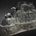 Ancient Buildings Constructed Along Layered Mountain Cliff With Traditional Architecture