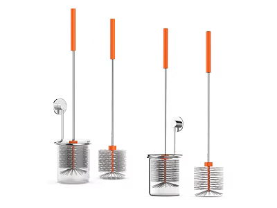 Modern Bathroom Accessories Toilet Brushes With Orange Handles Metal Rods And Transparent Holders 3d model