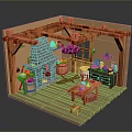 Rustic Kitchen Interior Featuring Wooden Beams Stone Fireplace Hanging Pots And Barrels