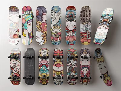 Colorful Cartoon Designed Skateboards As Sports Equipment With Various Art Prints 3d model