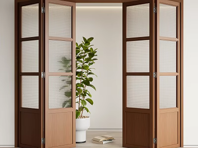 Wooden Folding Doors With Mesh Glass In Modern Space 3d model