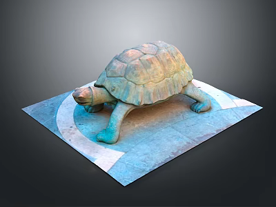 Reptile Turtle Sculpture With Detailed Shell On Blue Square Base And White Curved Lines 3d model