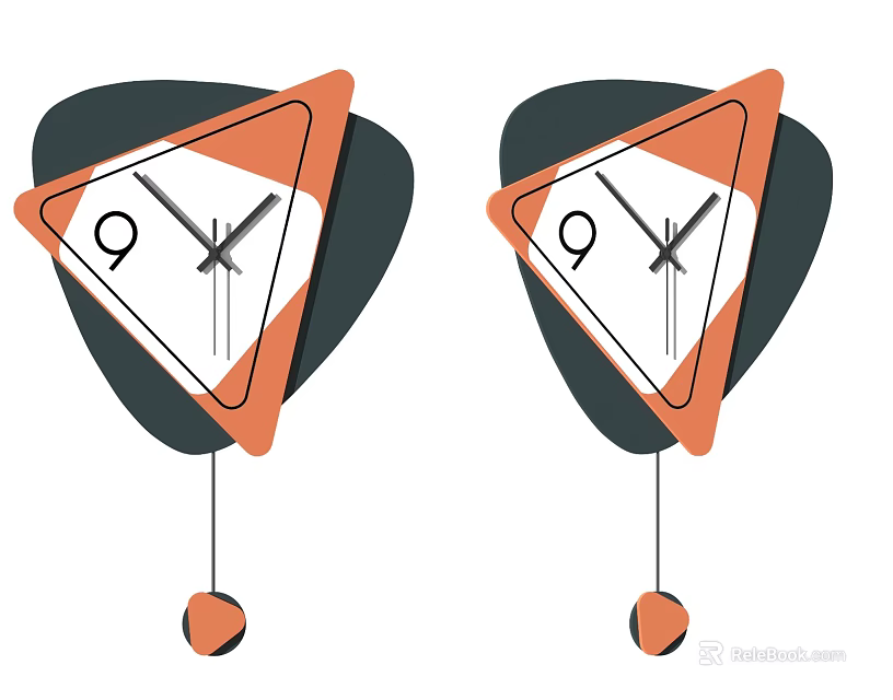 Triangular Clocks With Orange Border Black White Dial And Hanging Ball Pendulum 3d model 