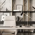 Modern Office Desk With Marble Wall Background Decorative Shelves Books Sculptures And Desk Lamp