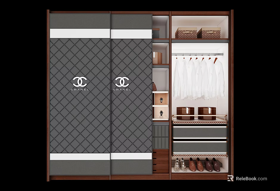 Modern Sliding Door Wardrobe With Diamond Pattern Hanging Area Drawers And Shoe Storage 3d model 