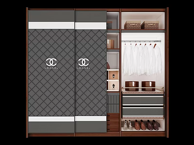 Modern Sliding Door Wardrobe With Diamond Pattern Hanging Area Drawers And Shoe Storage 3d model