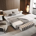 Modern Bedroom With Light Gray Double Bed Wooden Wall Floor Lamp Armchair Ottoman And Carpet