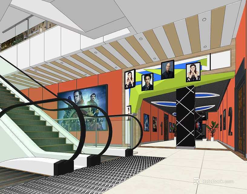Modern Escalator Aisle Design With Illuminated Ceiling Wall Posters And Decorative Columns 3d model 