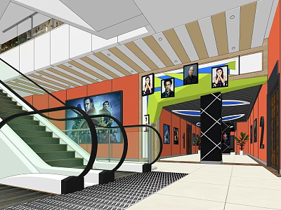 Modern Escalator Aisle Design With Illuminated Ceiling Wall Posters And Decorative Columns 3d model