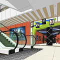 Modern Escalator Aisle Design With Illuminated Ceiling Wall Posters And Decorative Columns